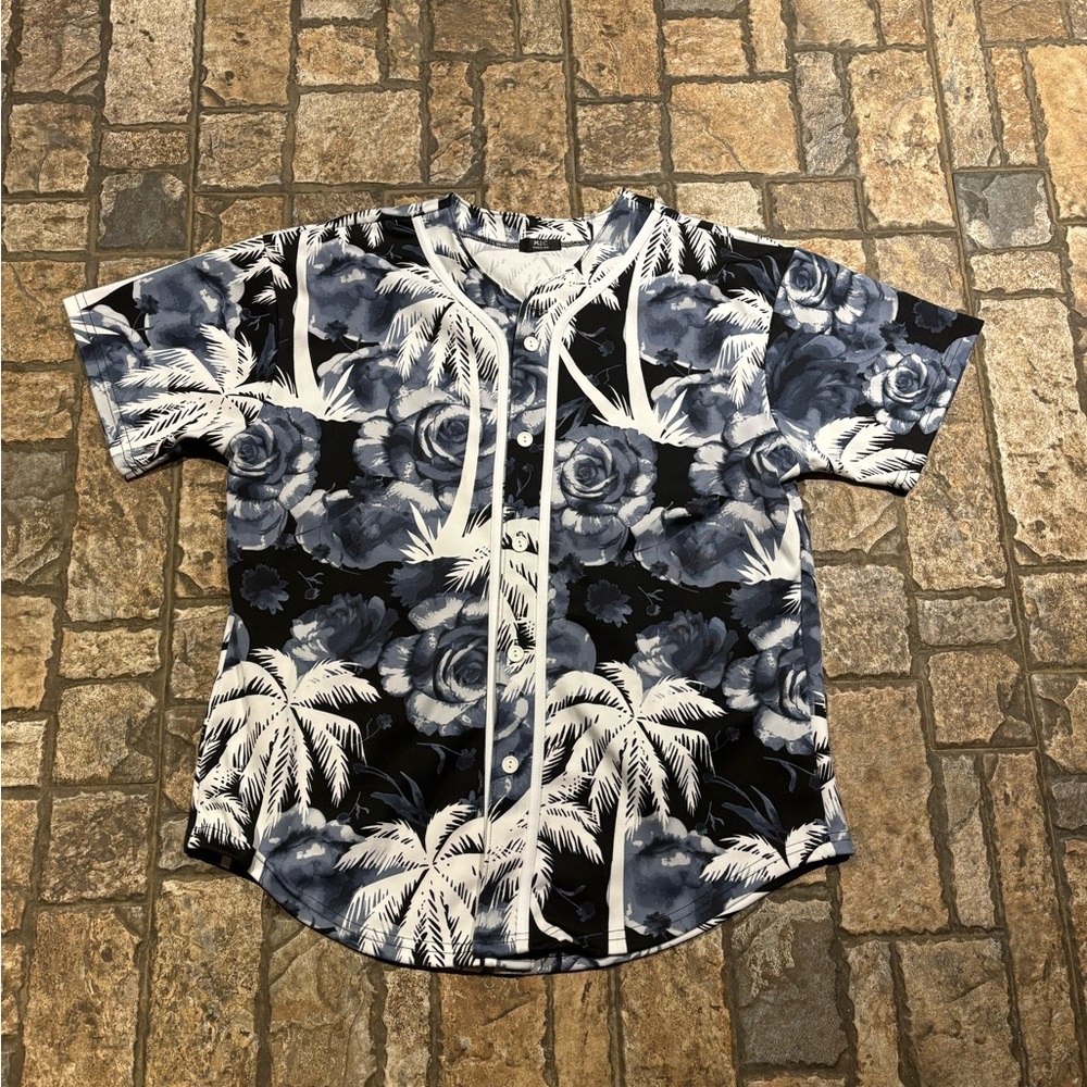 M.J.C Navy Blue and White Tropical Casual Button Down Shirt
